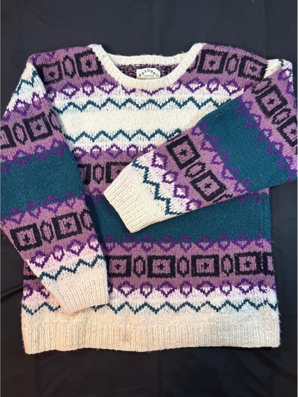 Vintage 90s Natural Threads 100% Wool Sweater Handmade Ecuador Geometric